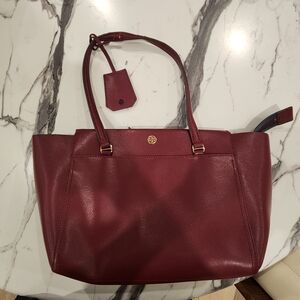 Tory Burch Burgundy Leather Zip-Top Tote Bag With Gold Logo
